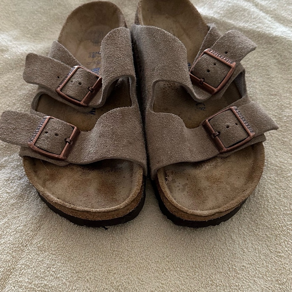 Birkenstock Tan Sandals with Contoured Footbed and Metal Buckles